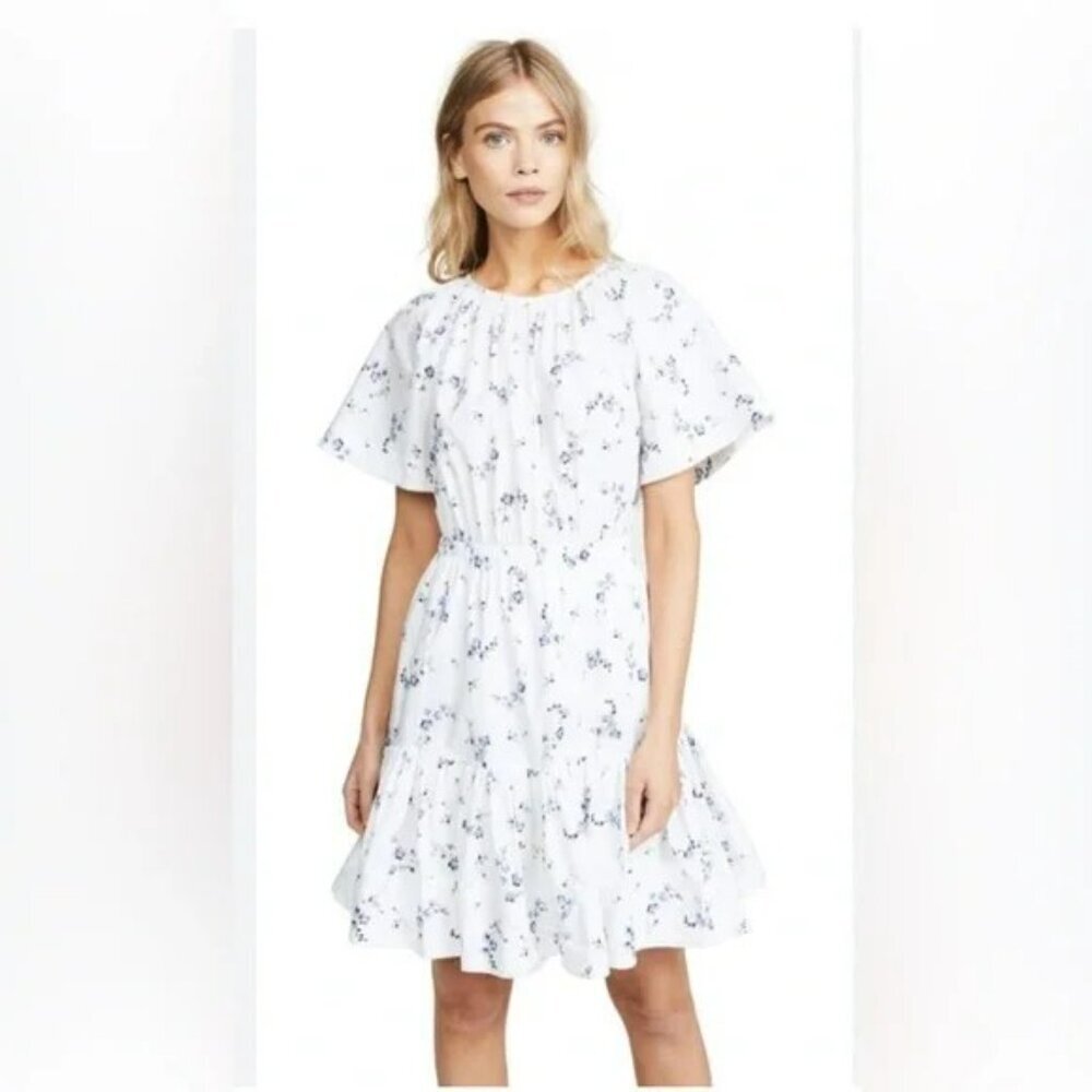 Rebecca Taylor Flare Mini Dress Open Back Blue white floral cotton Size 4 Spring